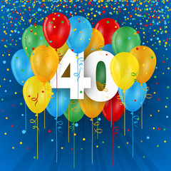 HAPPY 40th BIRTHDAY / ANNIVERSARY card with bunch of multi-coloured balloons