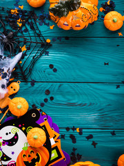 Halloween party symbol decorations frame - pumpkins, sweets, skeletons, spiders, web, dark...