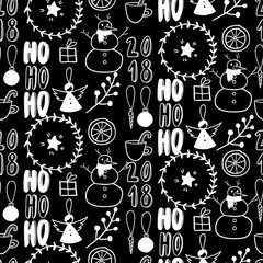 Vector seamless pattern. Simple black and white doodle. Snowman, garland, citrus, angel, present, twig. Xmas, New Year wrapping paper, greeting card party decoration flyer banner invitation