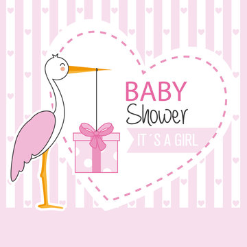 girl baby shower. Stork with gift pack Stock Vector | Adobe Stock