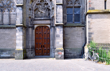 Vintage wooden door in an old castle