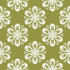 White flowers on olive green background. Ornamental seamless pattern