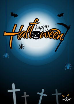 Vertical festive poster for Halloween. Dark night vector illustration with moon, graveyard and flying bats. Happy Halloween Text Banner,