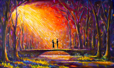 Original oil painting Lovers on bridge in forest at night in Beautiful Romantic rays - Modern impressionism painting.