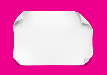 White realistic paper sheet with curved corners and soft shadow on pink background. Vector illustration. Paper frame for text