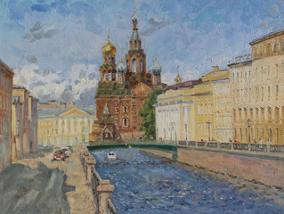 The Church of the Savior on Blood in St. Petersburg is painted with oil paints on canvas.