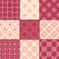 Fototapeta premium Cherry red and beige geometric ornaments. Collection of seamless patterns