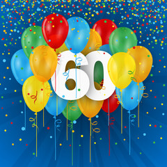 HAPPY 60th BIRTHDAY / ANNIVERSARY card with bunch of multi-coloured balloons