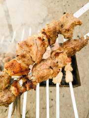 Shish kebab on metal sticks roasted on the grill