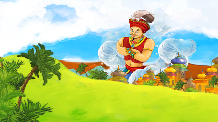 Obraz na płótnie Canvas Cartoon scene of handsome prince or magician near castle in the background - illustration for children