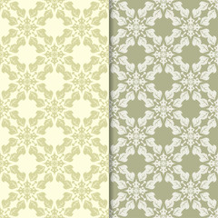 Olive green floral ornamental backgrounds. Set of seamless patterns
