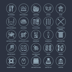 Knitting, crochet, hand made line icons set. Knitting needle, hook, scarf, socks, pattern, wool skeins and other DIY equipment. Linear signs set, logos with editable stroke for yarn or tailor store.