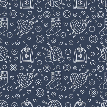 Knitting, sewing seamless pattern. Cute vector flat line illustration of hand made equipment knitting needle, bottons, wool, cotton skeins. Dark blue background yarn tailor store. Knitted with love.