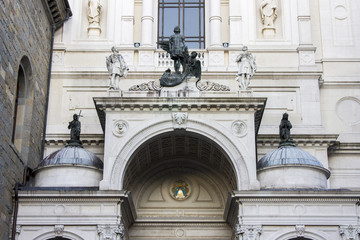 Monuments of the Citta Alta (upper city) of Bergamo, Italy. the Duomo (cathedral), the Basilica di Santa Maria Maggiore and the Cappella Colleoni (Colleoni chapel)