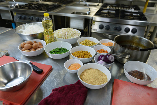 Ingredients prepare for Pad Thai (Thai Fried Noodles) on table in the kitchen
