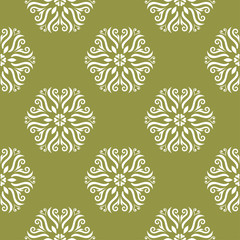 White floral seamless design on olive green background