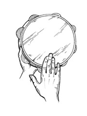 Hands and tambourine engraving vector illustration - obrazy, fototapety, plakaty