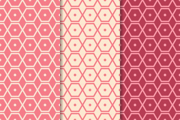 Set of geometric ornaments. Cherry red seamless patterns
