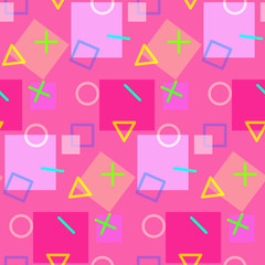 Seamless pattern in pink colors in memphis style with geometric shapes. Bright fashion contrast texture for girl textile, wrapping paper, cover, background, surface, packaging