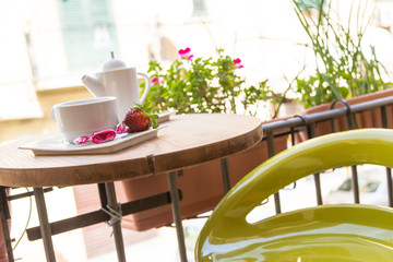  Breakfast on a terrace. Coffee break. Outdoors breakfast