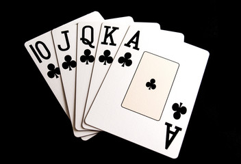 Clubs Royal Flush Poker Hand on Black Background