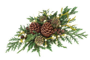 Winter greenery decoration with cedar cypress and juniper leaf sprigs with ivy, mistletoe and pine cones on white background.