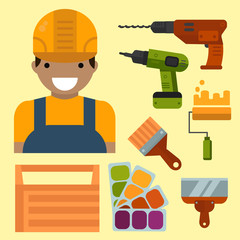 Construction tools worker equipment house renovation handyman vector illustration.