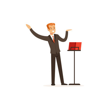 Orchestra conductor directing musical performance