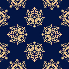 Golden floral element on dark blue background. Seamless pattern