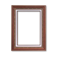 The Brown woods picture frame with two layers of white on a white background.
