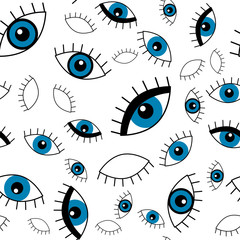 Blaues Auge. Vektor nahtlose Muster mit blauem Auge. Niedliche und lustige Modeillustrations-Patches oder Aufkleber-Kit.