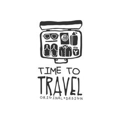 Time to travel logo with traveler suitcase and accessories