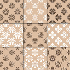 Brown beige floral ornaments. Collection of seamless patterns