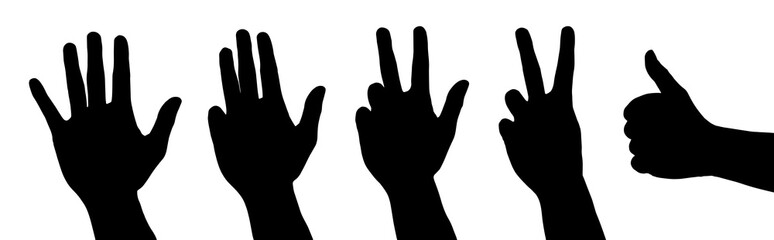 Set of black vector hands counting, showing numbers - one, two, three, four, five, isolated on white background