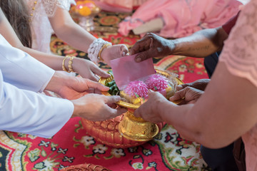 Thai Wedding Traditional. Bride and Groom have to pay respect their parents and they will send packet to newlywed  in wedding ceremony. Send pockets of money in tray. 