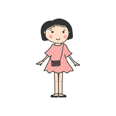 Fototapeta premium Cute vector doodle girl in pink dress isolated on white background. 