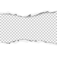 Torn strip from the middle of a white sheet of paper. Transparent background of the resulting hole for text, ad and other aims. Vector illustration.