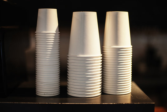 Detail closeup of coffee cups in a cafe