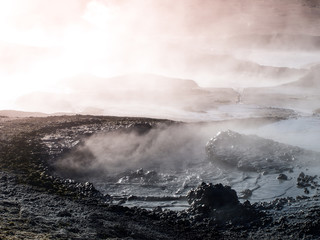 Obraz premium Morning at Sol de manana geyser with mud pots, Bolivian Andean Altiplano, Bolivia, South America.