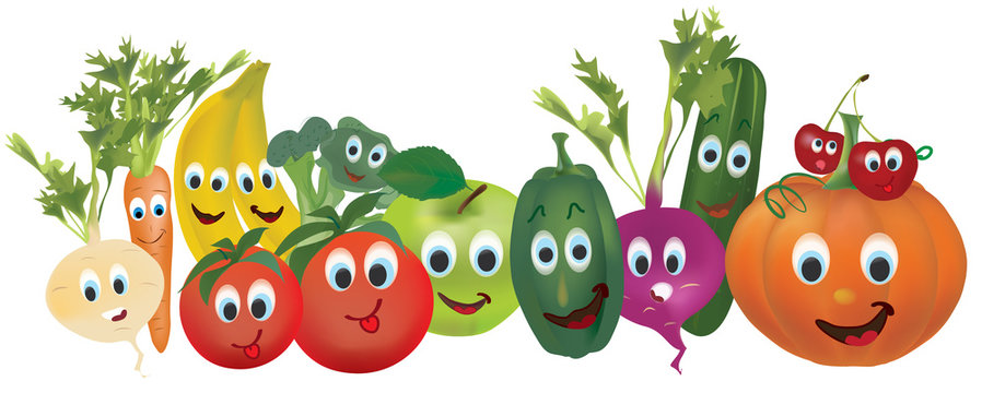 Illustration Collection of Animated Vegetables nad Fruits. Cucumber, Carrot, Pumpkin, Turnip, Pepper, Banana, Cherry, Beet, and Tomato, Characters 