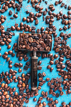 Roasted coffee beans on blue background.