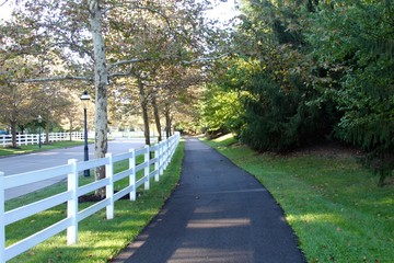 The walkway with the white fence along side of the walk.