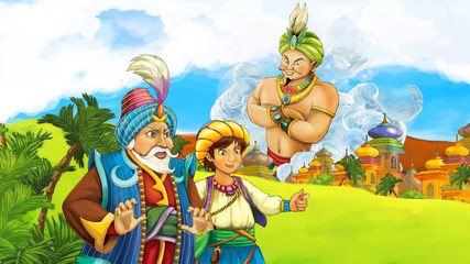 Obraz na płótnie Canvas cartoon scene with rich king looking on giant near the castle - illustration for children