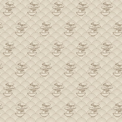 Hand drawn vector asian seamless pattern with bonsai tree contours. Ornament on the beige japanese wave background in retro style.