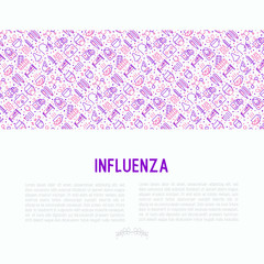 Influenza concept with thin line icons of symptoms and treatments: runny nose, headache, pain in throat, temperature, pills, medicine. Vector illustration for banner, web page, print media.