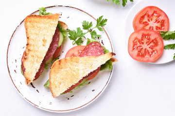 Tasty sandwiches with salami, tomatoes, cucumber and lettuce