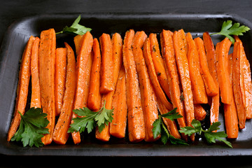 Roasted carrots in baking tray