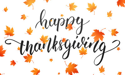Thanksgiving. Happy Thanksgiving calligraphy and falling autumn leaves. Thanksgiving Day background