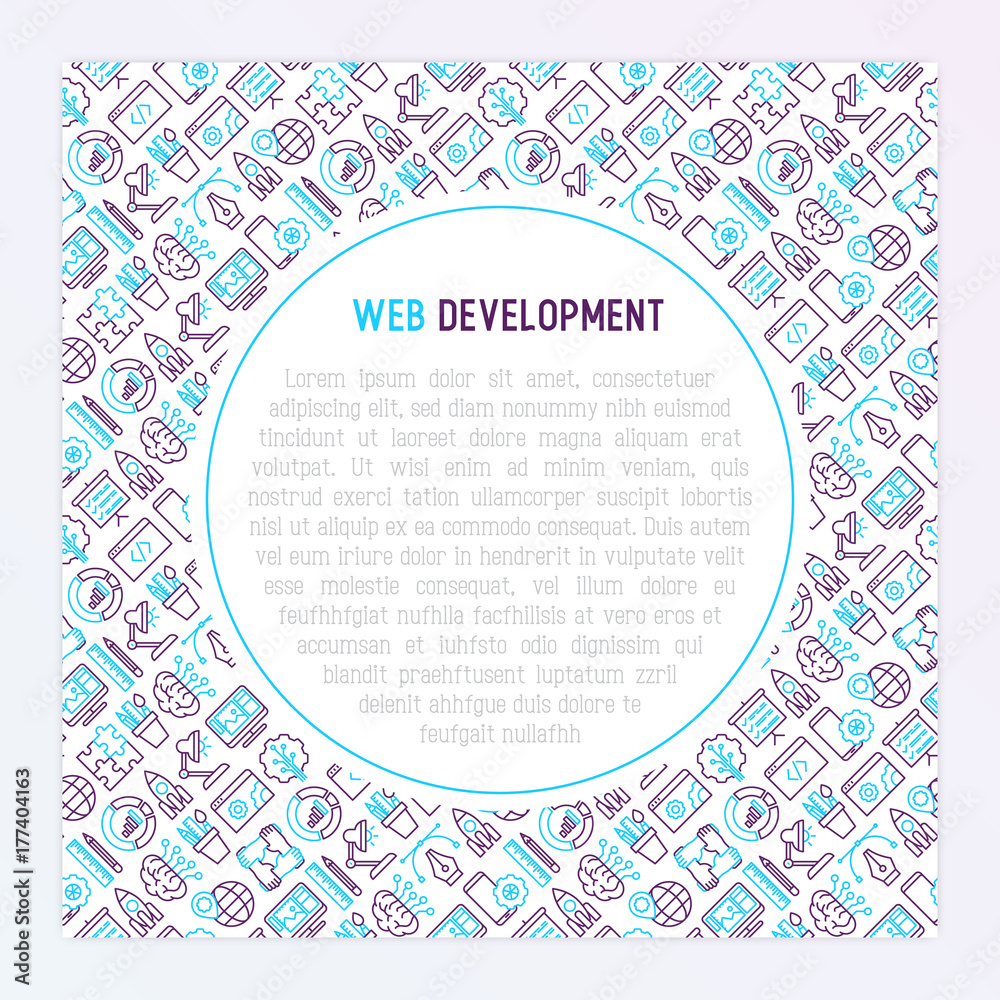 Wall mural web development concept with thin line icons of programming, graphic design, mobile app, strategy, a