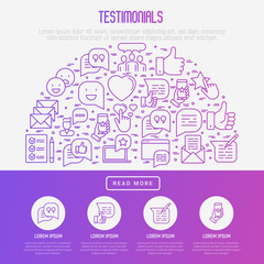 Testimonials and quote concept in half circle with thin line icons of review, feedback, survey, comment. Vector illustration for banner, web page, print media.